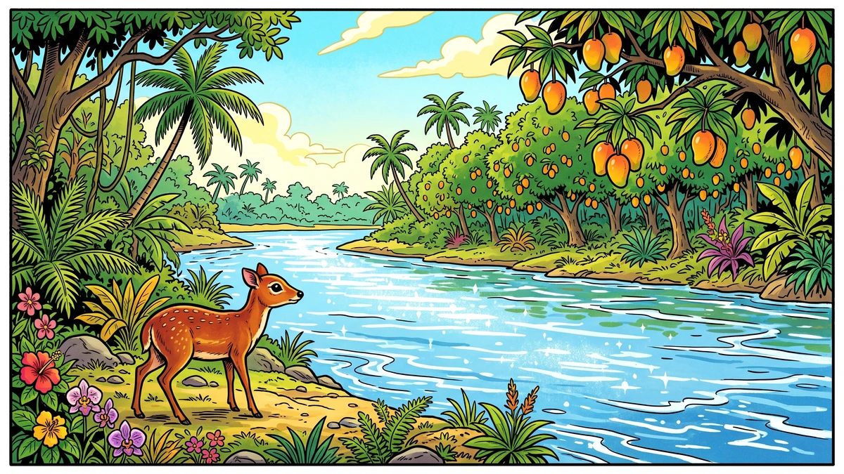 Tiny mouse deer Kancil gazes at a sparkling river with crocodiles lurking beneath the surface