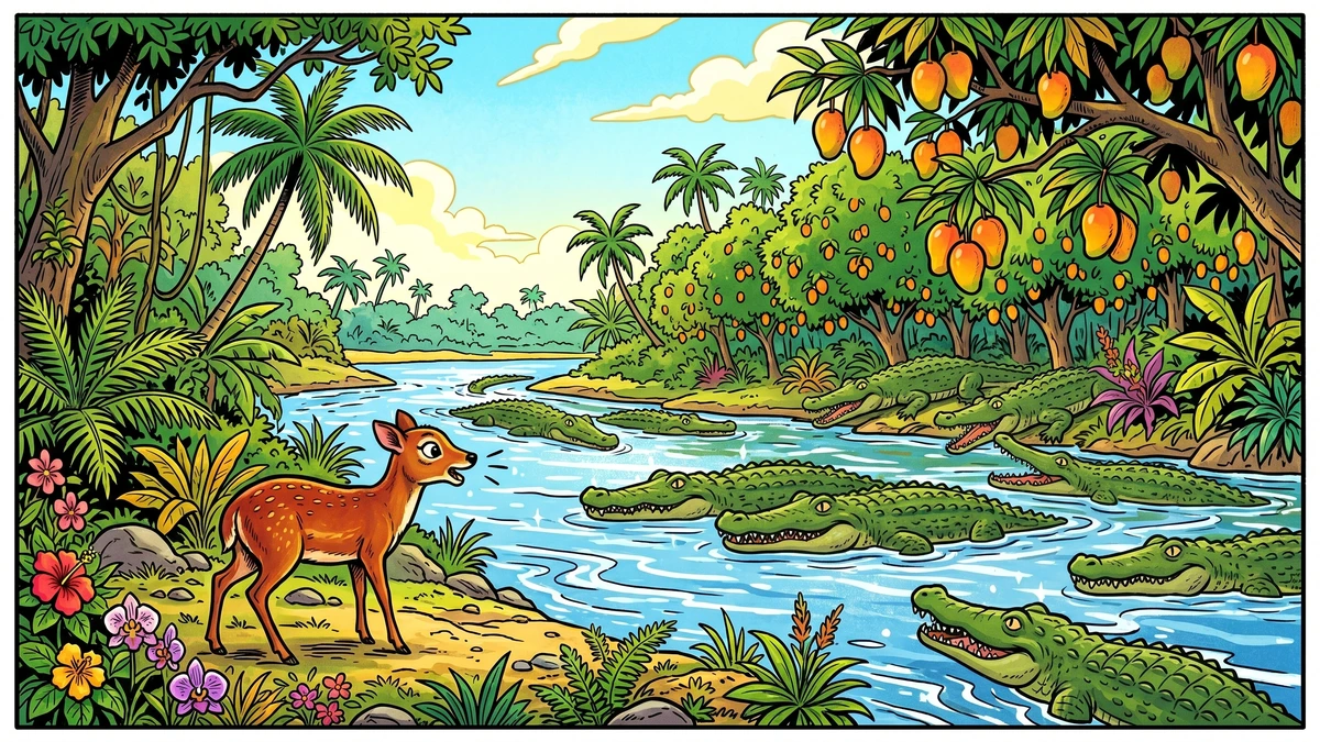Kancil calls out to the crocodiles, lining them up to count them across the river