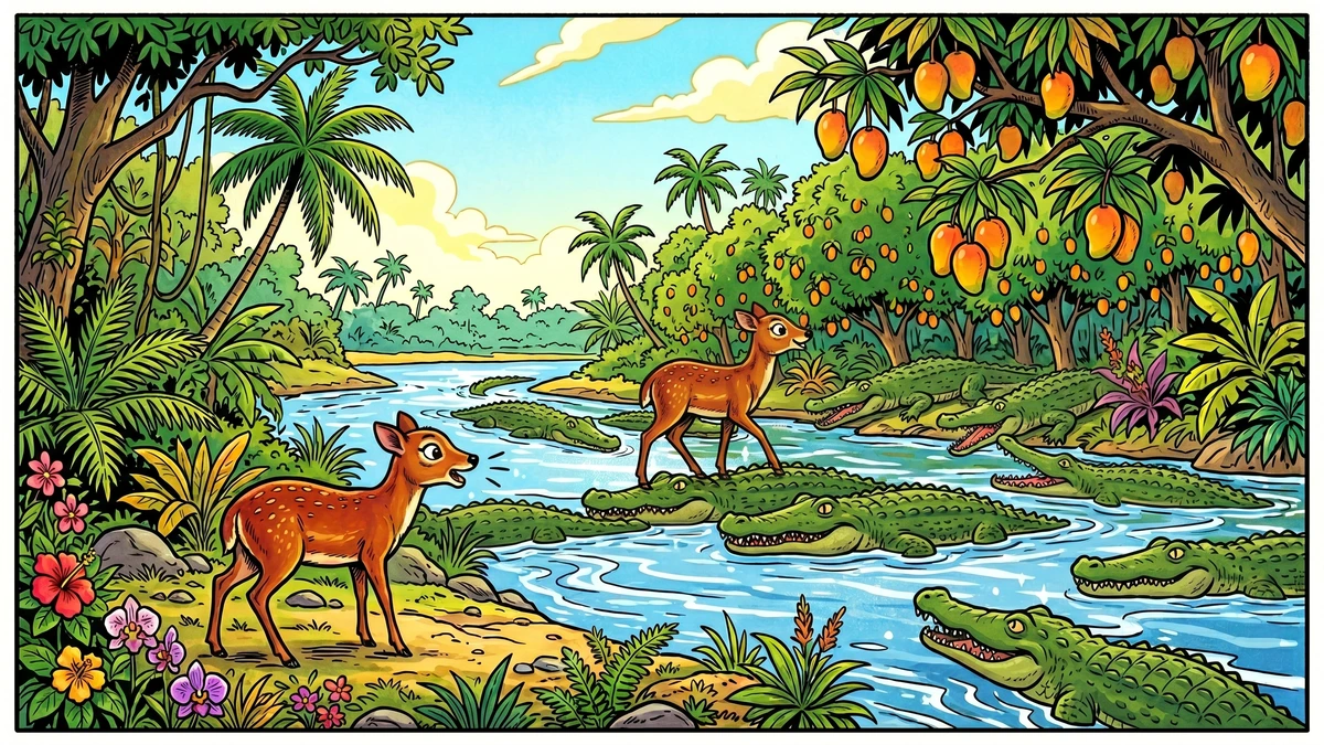 A bridge of crocodile backs stretches across the river as Kancil begins to cross