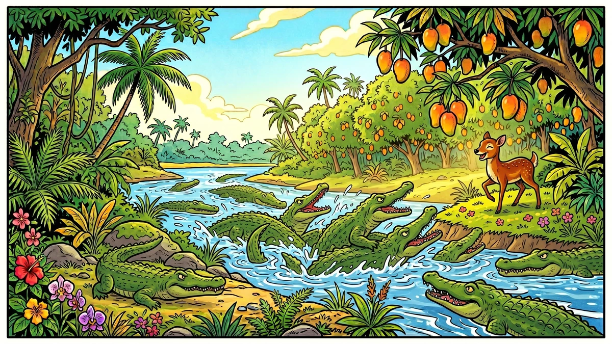 Kancil the mouse deer laughs triumphantly on the far bank as angry crocodiles snap behind him
