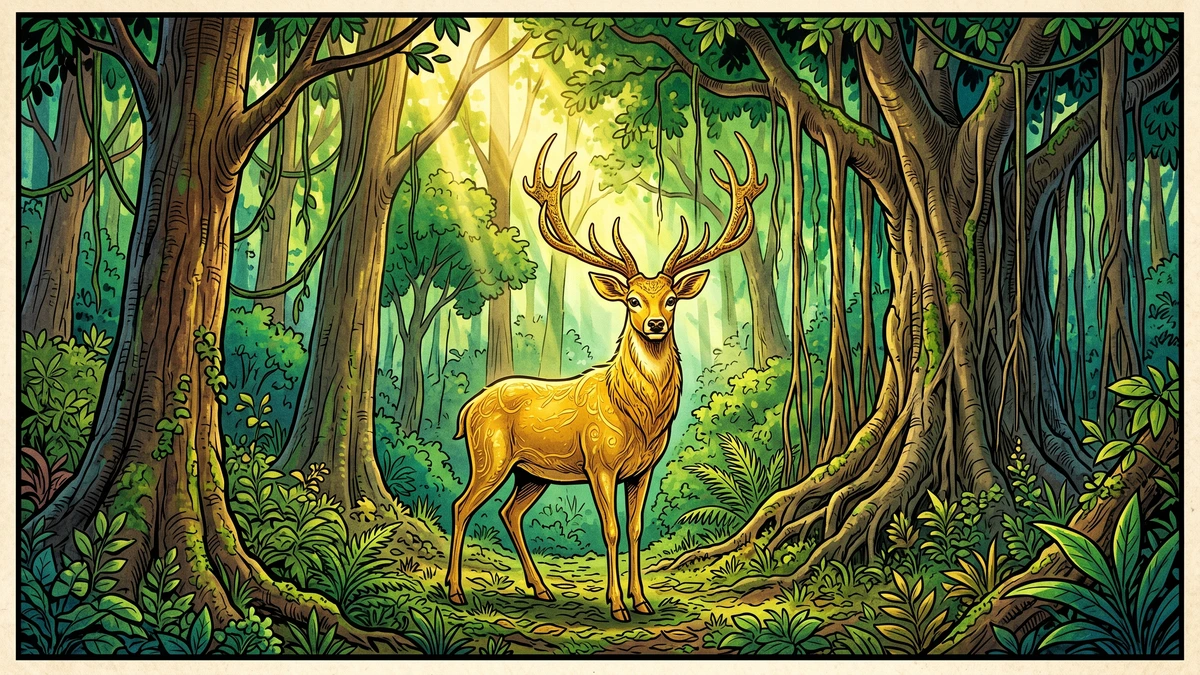 A majestic golden deer with glowing coat stands in an ancient Indian sal forest, dappled sunlight streaming through the canopy — Amar Chitra Katha style illustration