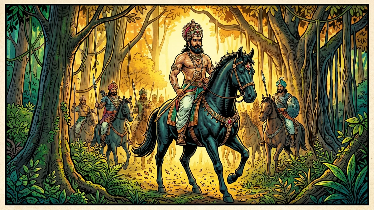 An Indian king in jeweled crown and silk dhoti rides his black stallion at dawn through amber-colored sal forest, his royal retinue behind him