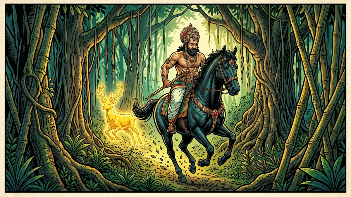 The Indian king alone on horseback gallops through dense bamboo and banyan forest, pursuing the radiant golden deer just ahead in dappled light