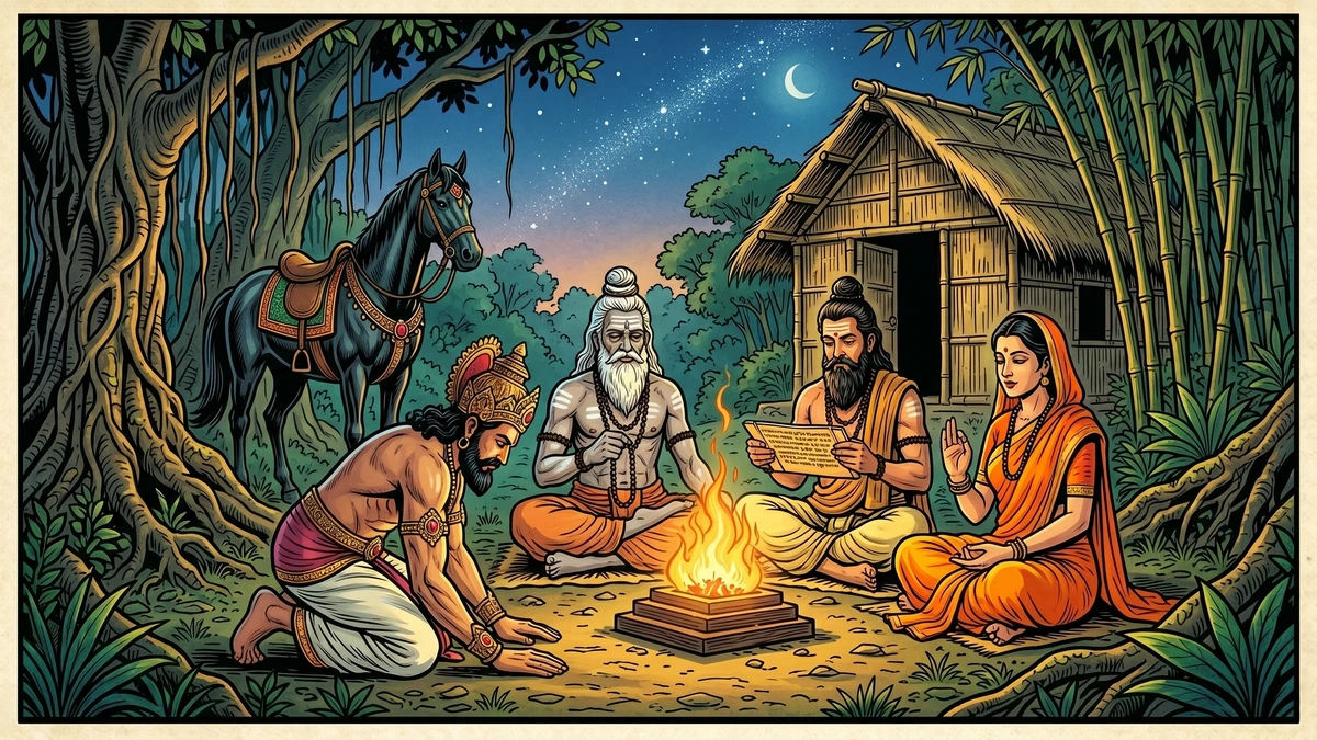 Three Indian sages — an elderly rishi, a scholar, and a woman in orange sari — sit around a sacred fire as the humbled king bows before them under a starry sky