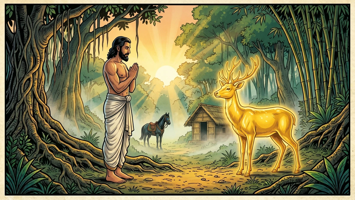 The transformed Indian king in white dhoti stands reverently before the golden deer at sunrise in a forest clearing, a moment of spiritual understanding