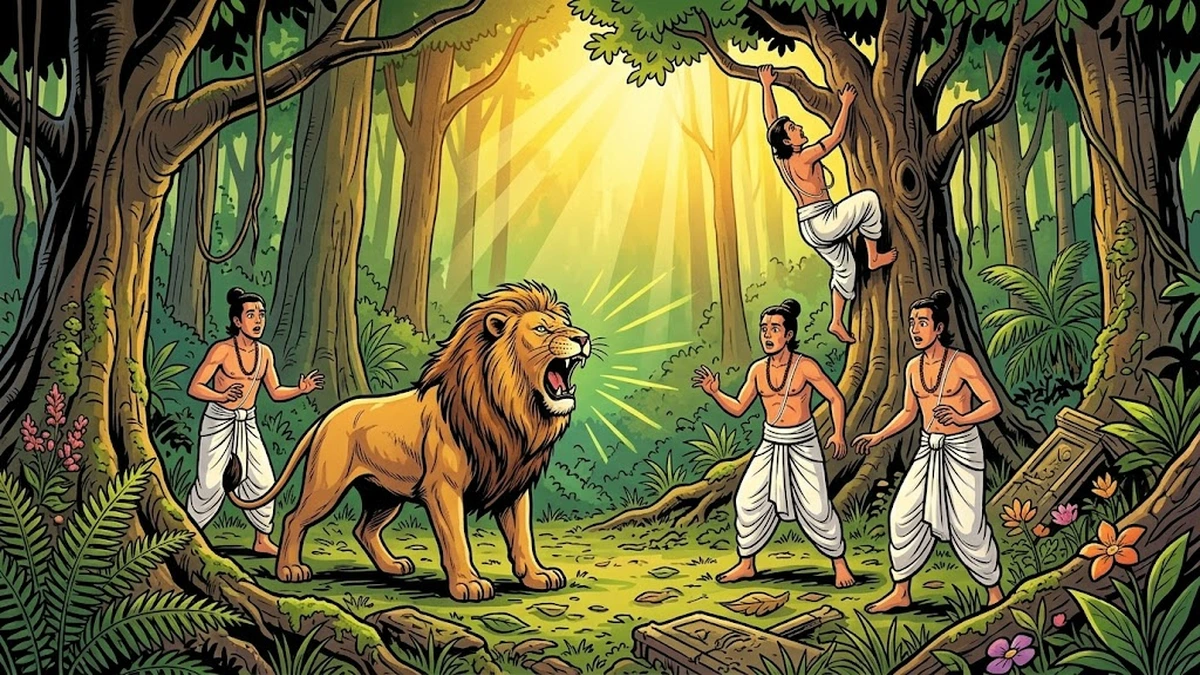Four brahmin scholars in ancient Indian forest, lion skeleton in foreground