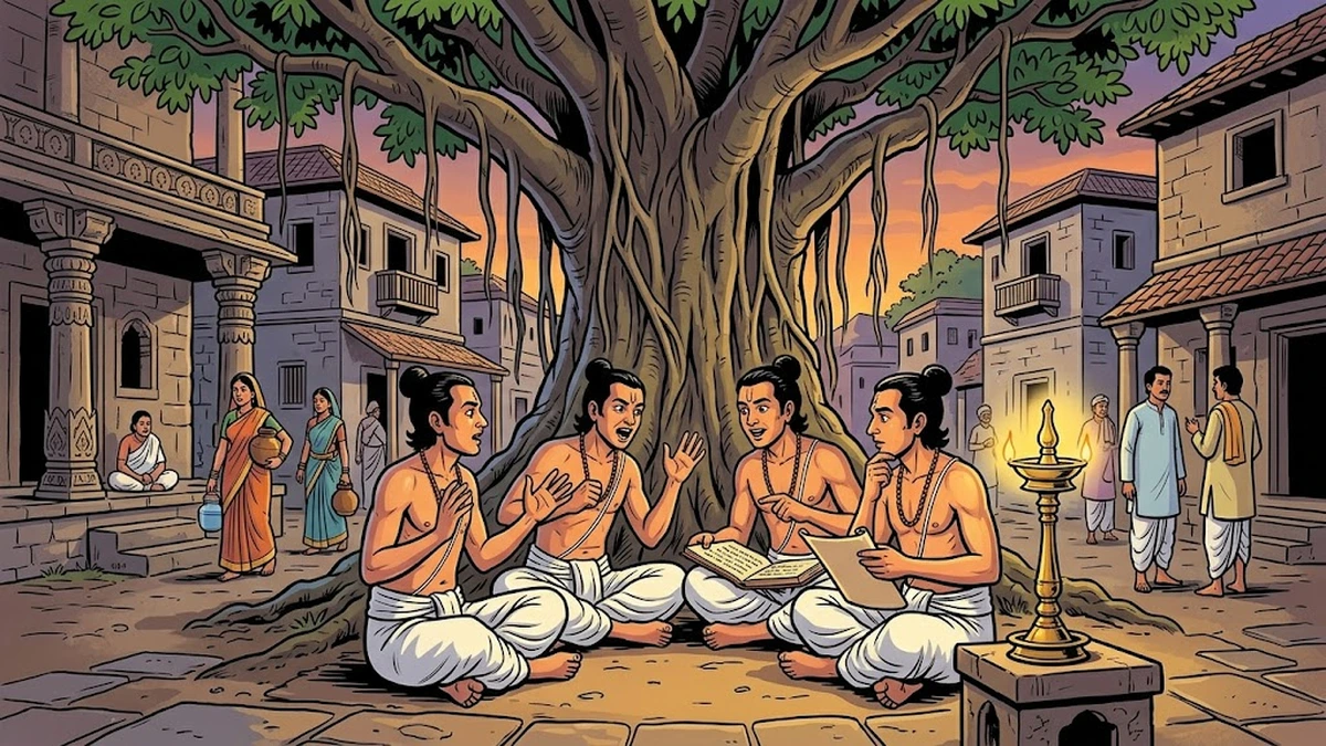 Four brahmin scholars debating under a banyan tree in Indian village