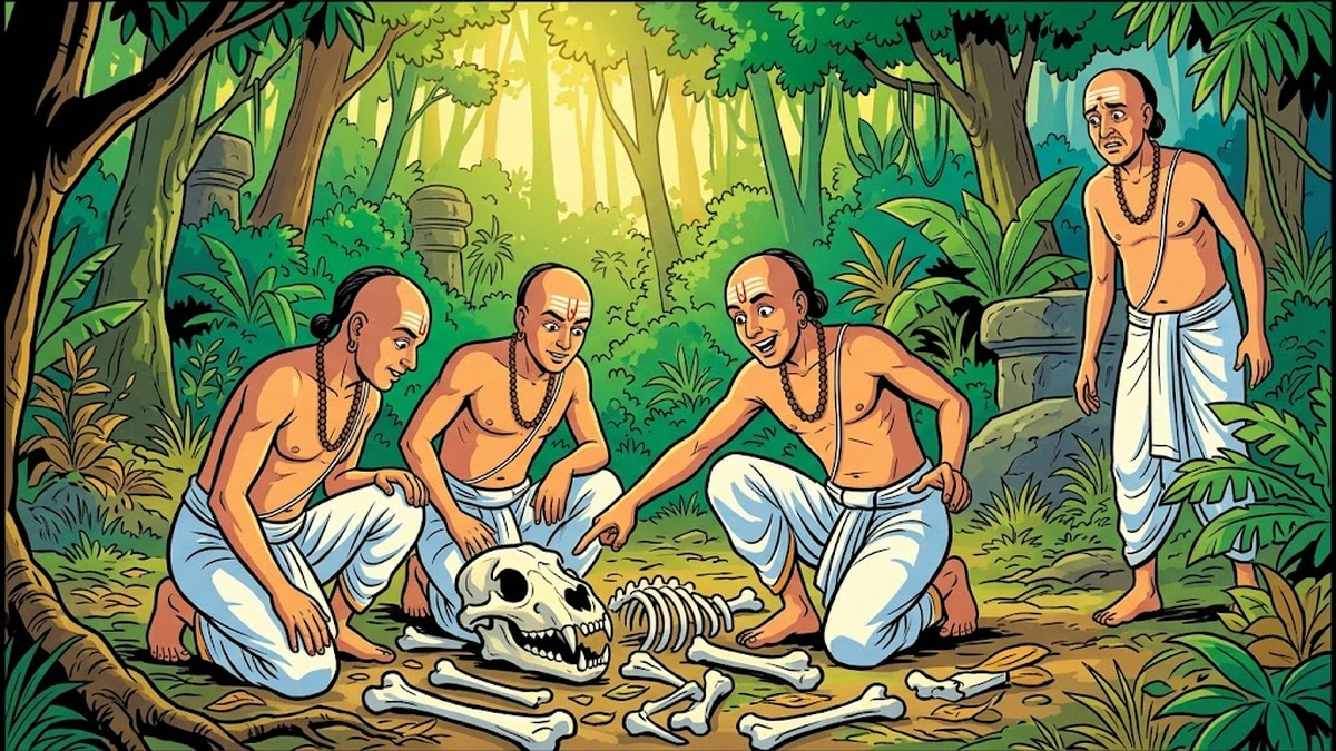Three brahmin scholars examining a lion skeleton in forest while one watches from distance