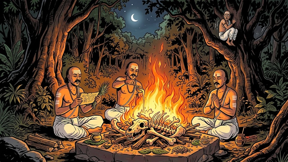 Three brahmin scholars performing fire ritual over lion skeleton while one climbs a tree