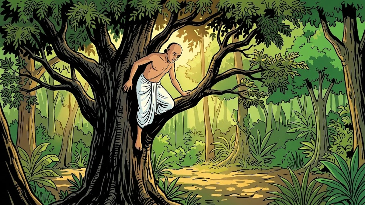 Bholanath descends from the tamarind tree safely while the lion walks away into the forest
