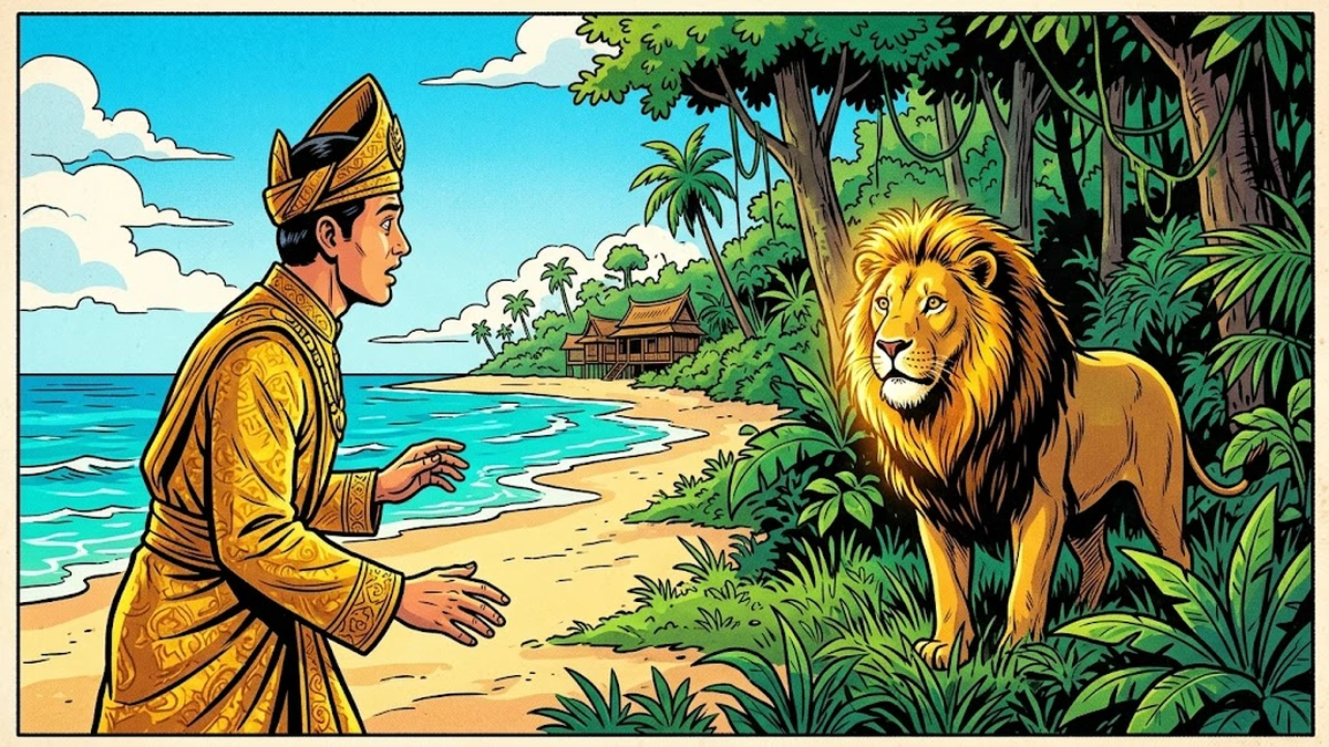 Sang Nila Utama sees the Merlion for the first time on the beach of Temasek — a lion with a fish tail rising from the sea — ACK style