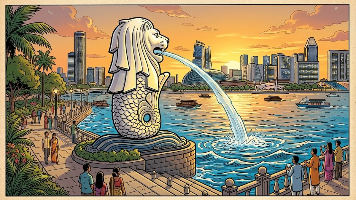 The Merlion statue at the mouth of the Singapore River, gleaming white with lion head and fish tail, the modern city skyline behind it — symbolic heritage illustration