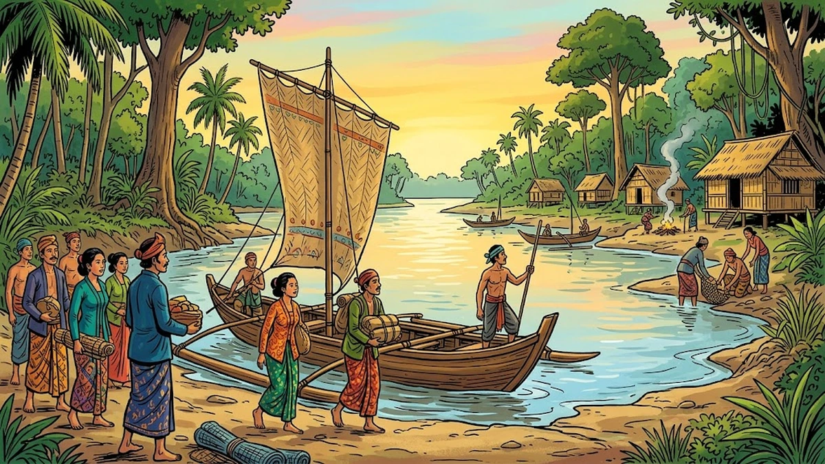 Ancient Javanese fishermen and villagers arrive at the river mouth of Surabaya, seeing the shark and crocodile statues — ACK illustration