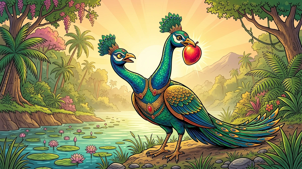 The Bird with Two Heads - Right head eating golden fruit, left head envious