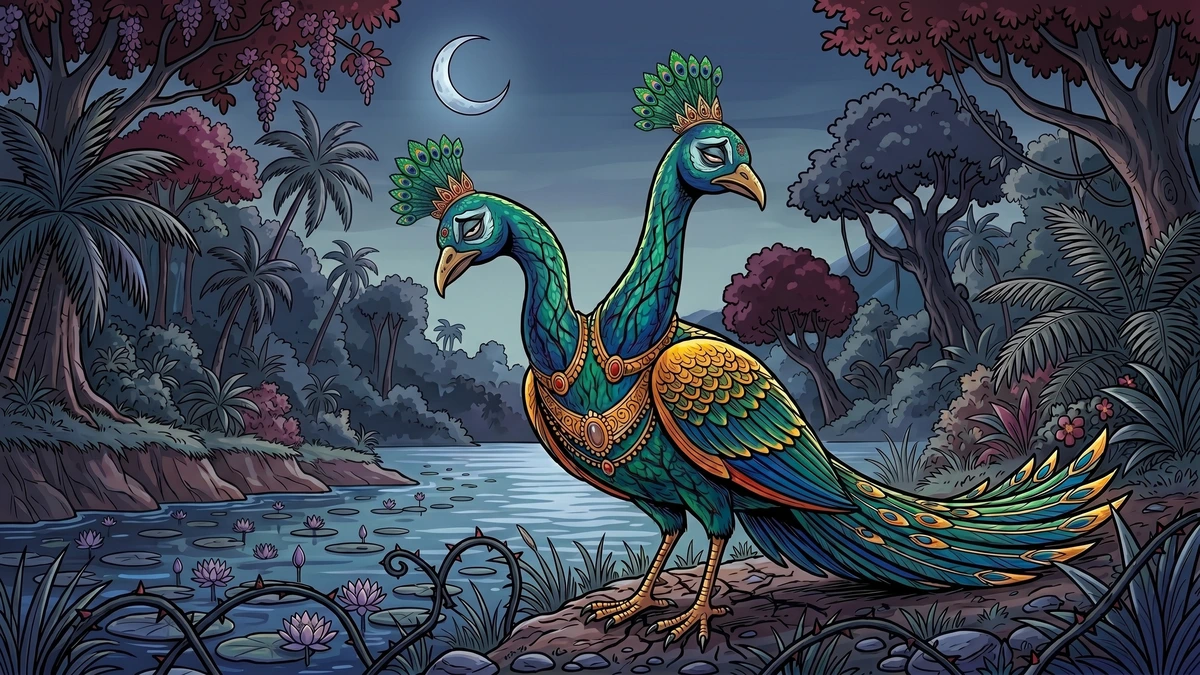 The Bharunda Bird collapsing at water edge, crescent moon
