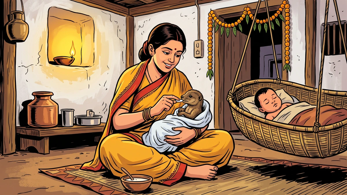 Dev Sharma’s wife cradles the infant mongoose she adopts as companion to her newborn son