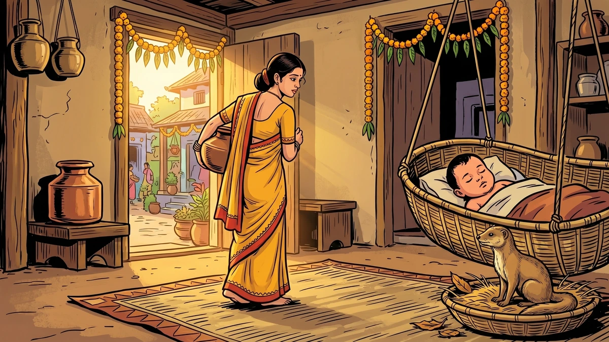 The Brahmin scholar departs at dawn for his begging round, leaving wife and children at home