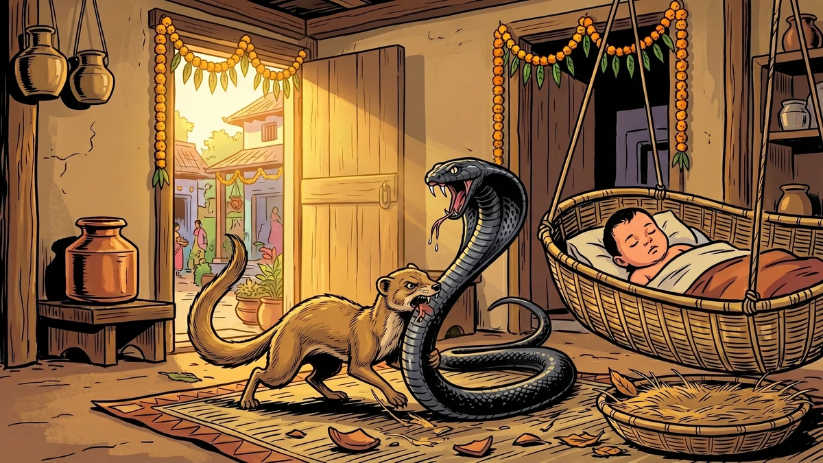 The loyal mongoose battles the deadly black cobra to protect the sleeping baby in the cradle