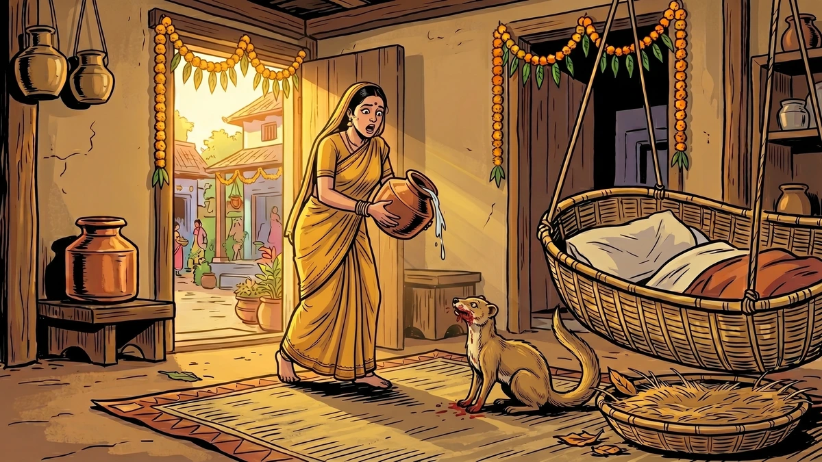 The Brahmin wife returns with a water pot and sees the mongoose — blood on its muzzle — in sudden horror