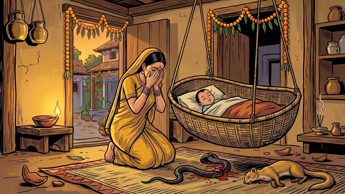 The wife weeps over the dead mongoose, realising with grief that it sacrificed its life protecting her son