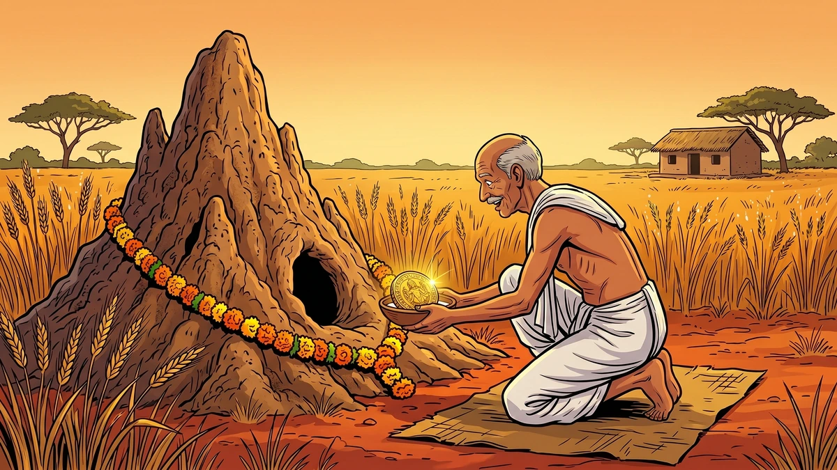 The Brahmin farmer finds a gold coin gleaming in the empty milk bowl at dawn — the cobra’s daily gift