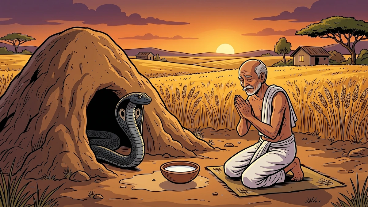 Dev Sharma returns to the anthill at dusk, folded hands in namaskar, offering milk in apology