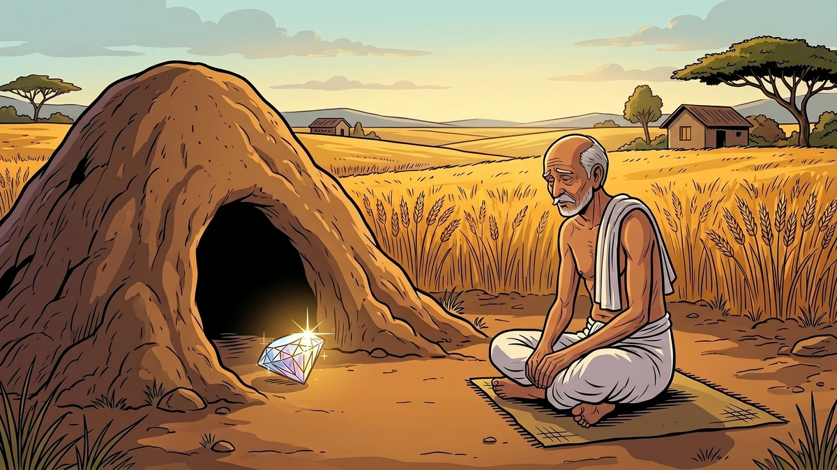 The elderly Brahmin sits before the silent anthill, a jewel at its entrance — the cobra’s parting gift