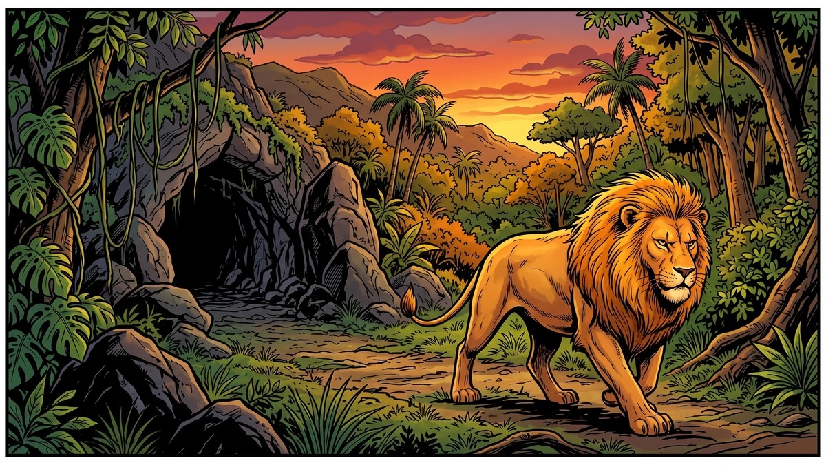 The lion prowls toward the cave entrance at dusk — ACK comic illustration