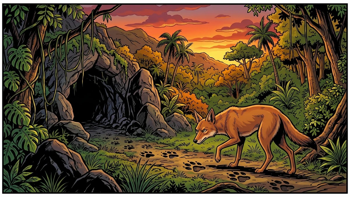 The jackal examines lion paw prints at the cave entrance — Panchatantra illustration