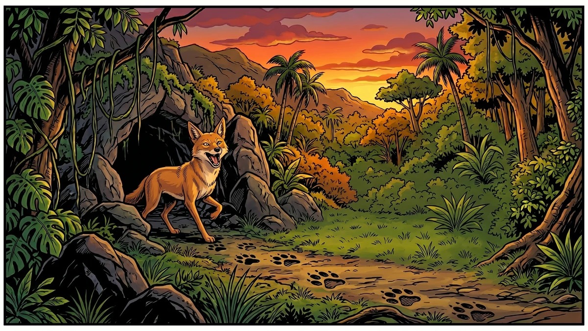 The jackal calls out a greeting at the cave mouth — Panchatantra comic art