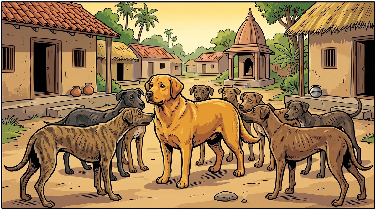 Thin village dogs crowd around the returned fat dog asking why he came back — ACK comic style
