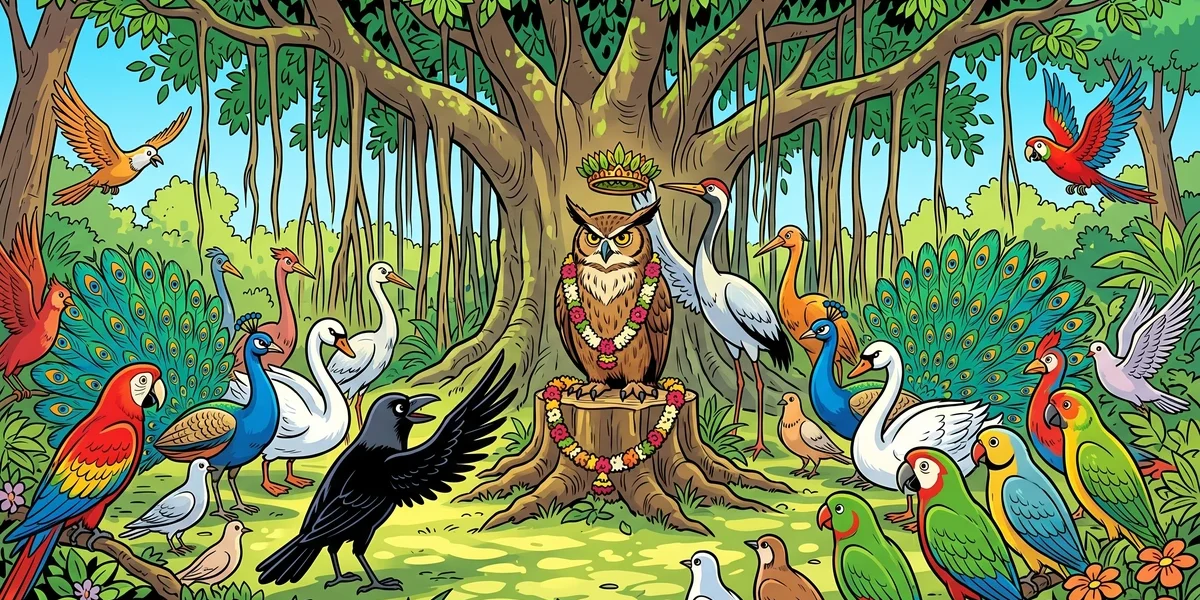Crow king Meghavarna presides over a bird assembly as owls circle overhead — ACK style illustration