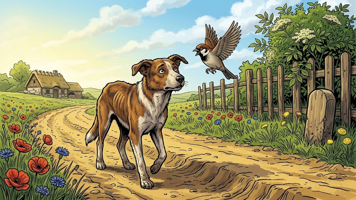 Hungry shepherd dog meets sparrow on dusty country road north Hesse 1812 Brothers Grimm KHM 58