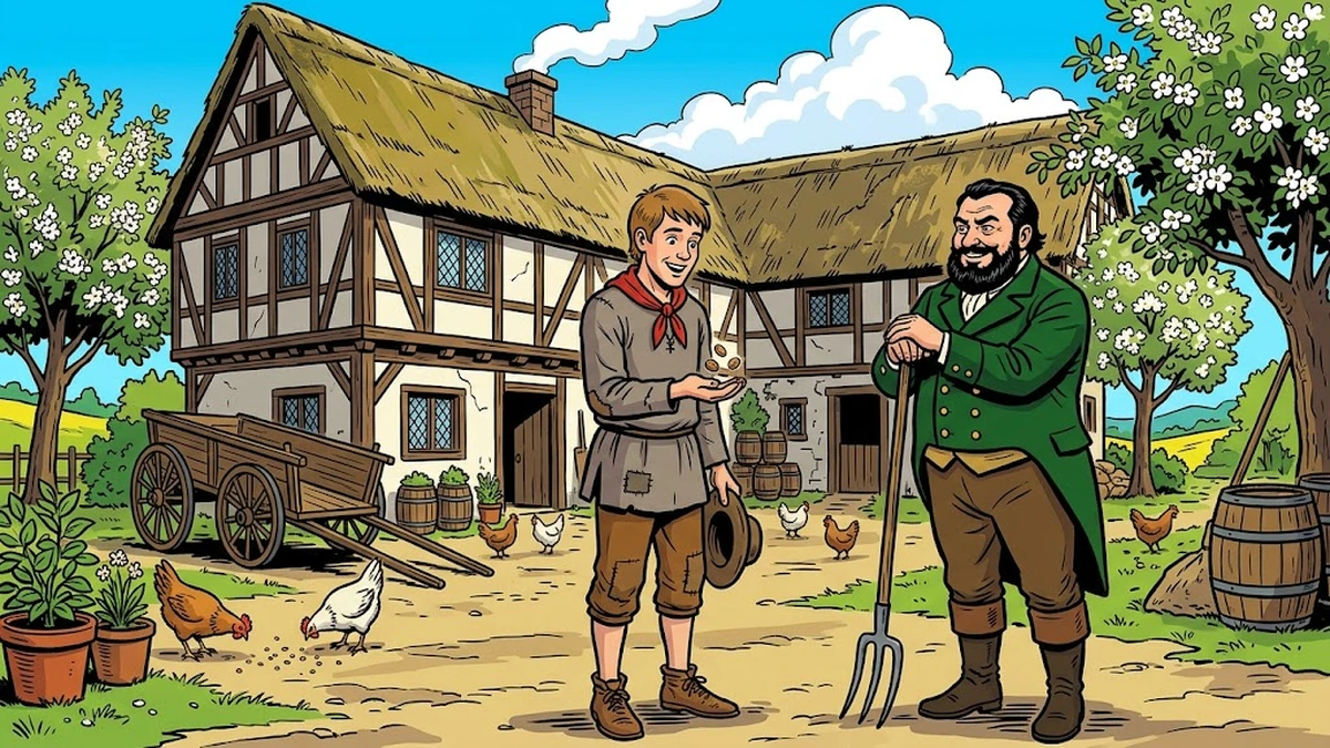 The faithful young countryman receives three pennies wages from the stingy Hessian farmer at the half-timbered Fachwerk farmstead