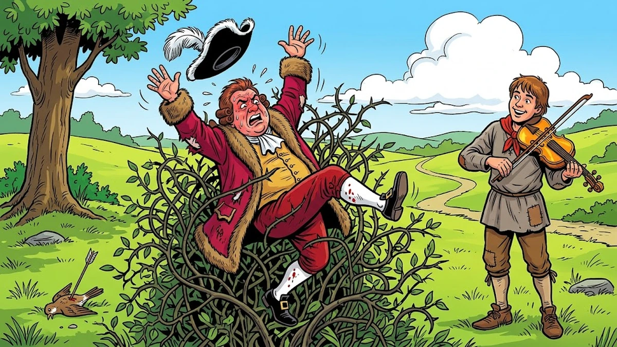 The plump richly dressed traveller dances helplessly in a thorn bush as the peasant servant plays the magic fiddle