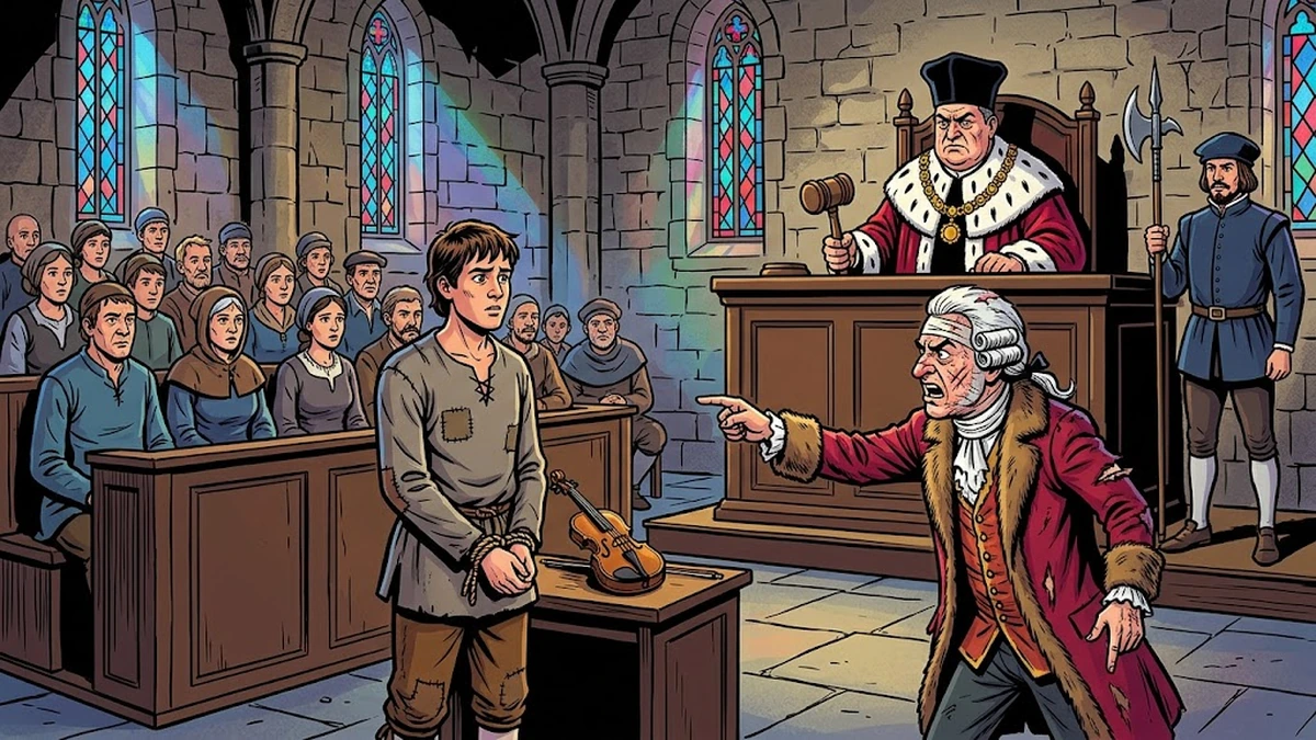 The trial in the medieval German courtroom: the magistrate in crimson and ermine, the bandaged miser accusing, the bound servant defendant