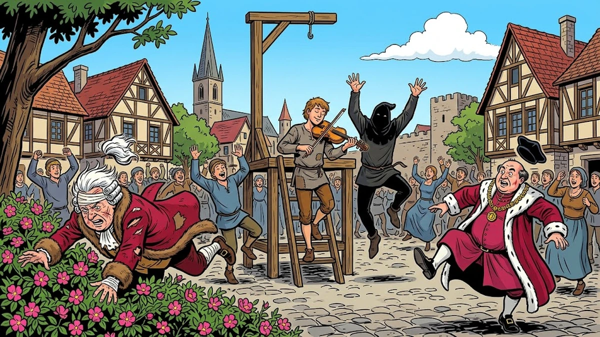 The magistrate, executioner, miser and townsfolk caught in irresistible dance at the gallows as the servant plays his fiddle