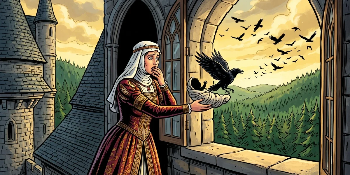 The Raven Brothers Grimm KHM 93 cover Hessian queen and infant raven at castle window