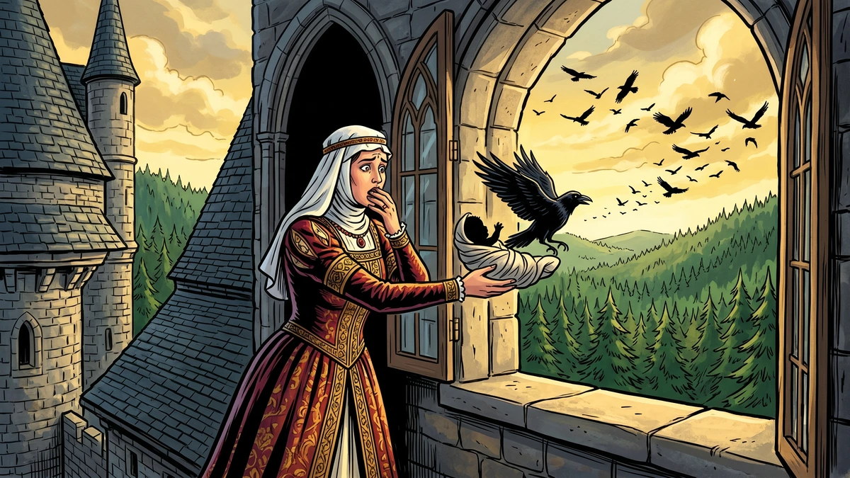 The Raven Brothers Grimm KHM 93 cover Hessian queen and infant raven at castle window