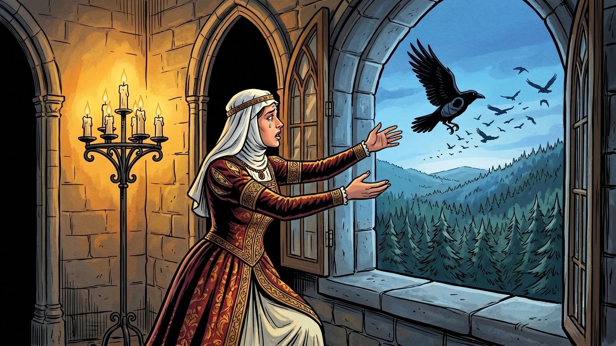 The Raven Grimm KHM 93 scene 1 Hessian queen laments raven flying away at dawn