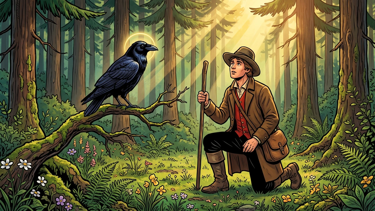 The Raven Grimm KHM 93 scene 2 young Hessian wanderer kneels before raven princess in forest