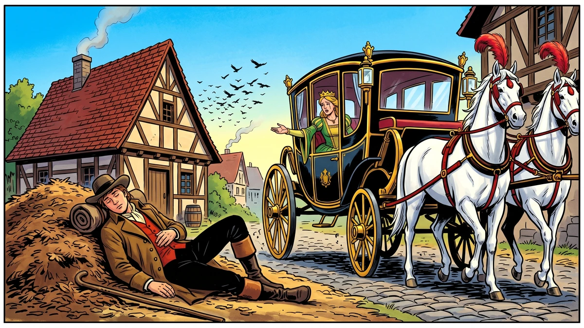 The Raven Grimm KHM 93 scene 3 sleeping wanderer on tan heap white horses carriage princess passes