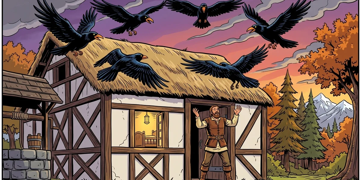 The Seven Ravens (Die sieben Raben) cover - seven black ravens circle a half-timbered German farmhouse at dusk while the worried father looks up from the doorway