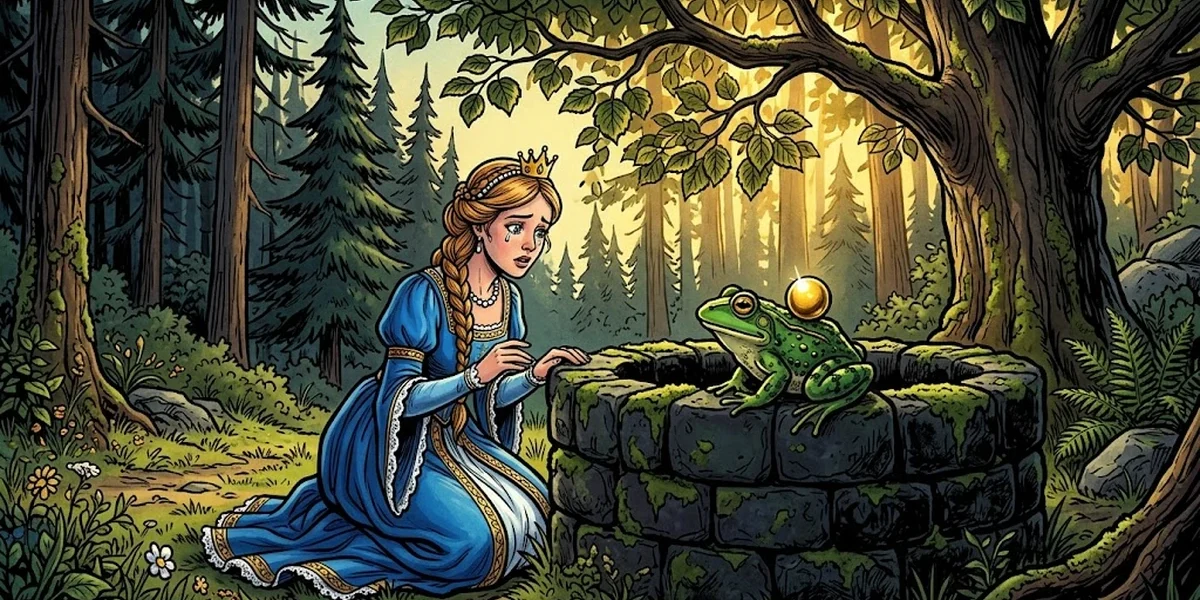 Princess at the dark forest well discovering the green frog with her golden ball - KHM 1, ATU 440