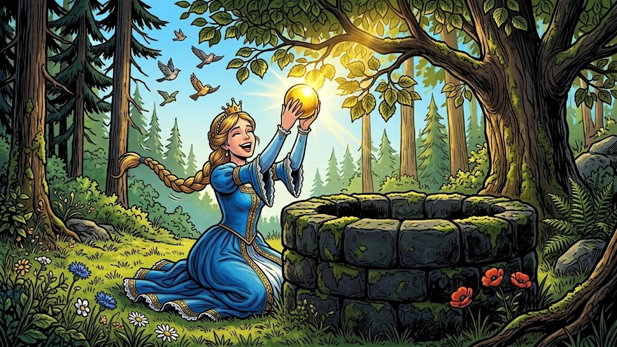 Princess tossing her golden ball under the linden tree - opening of The Frog Prince