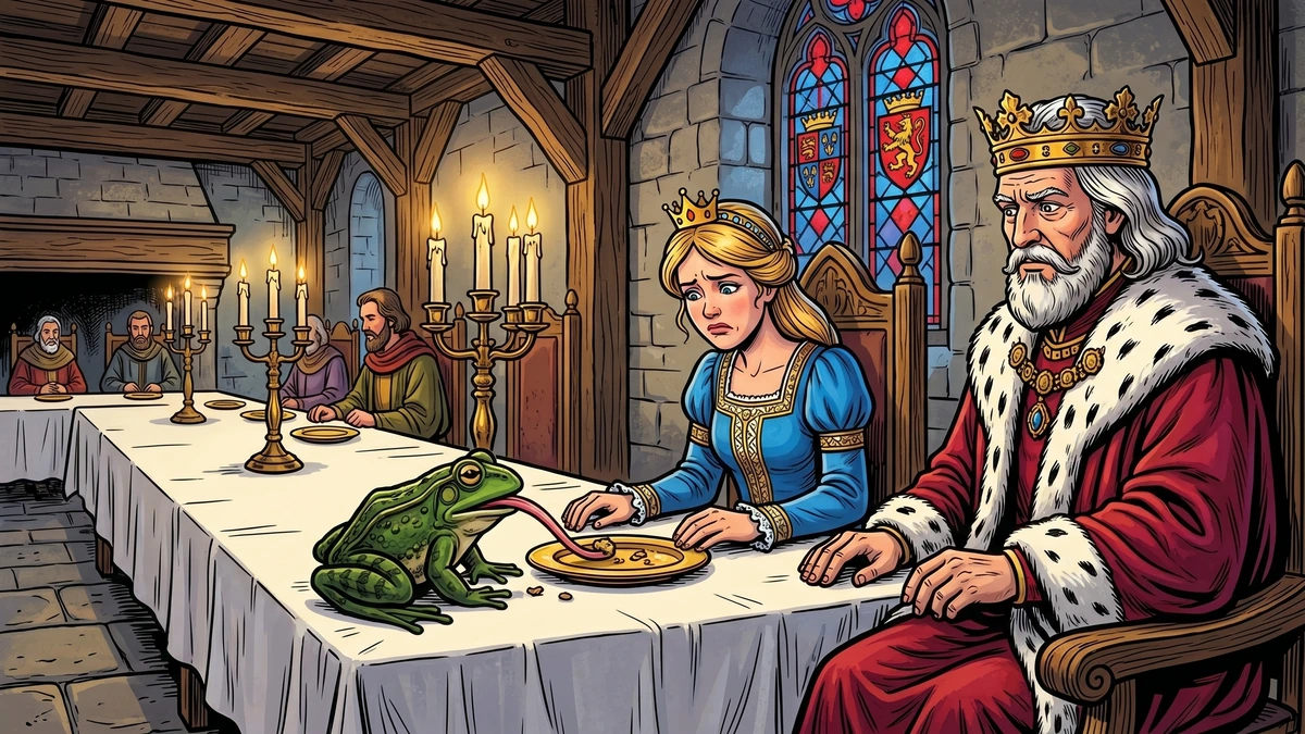The frog at the king's table eating from the princess's golden plate - promise must be kept