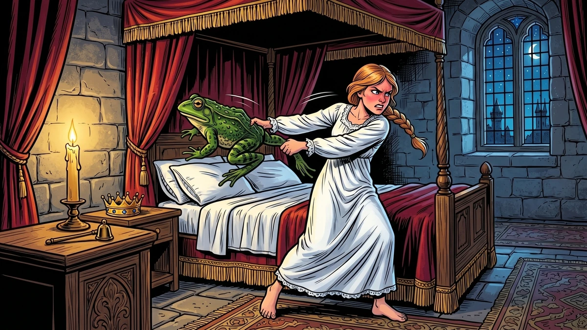 The princess hurls the frog against the bedchamber wall - the moment the spell breaks