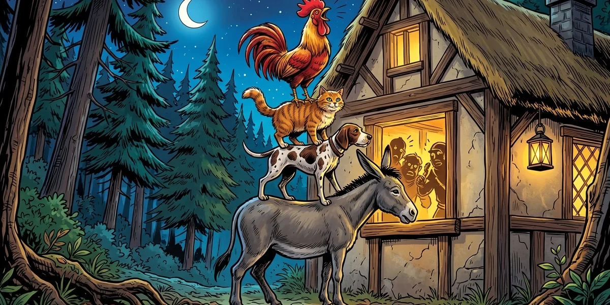 The Bremen Town Musicians - Brothers Grimm KHM 27 - donkey dog cat rooster stacked at robbers cottage window - Amar Chitra Katha Style