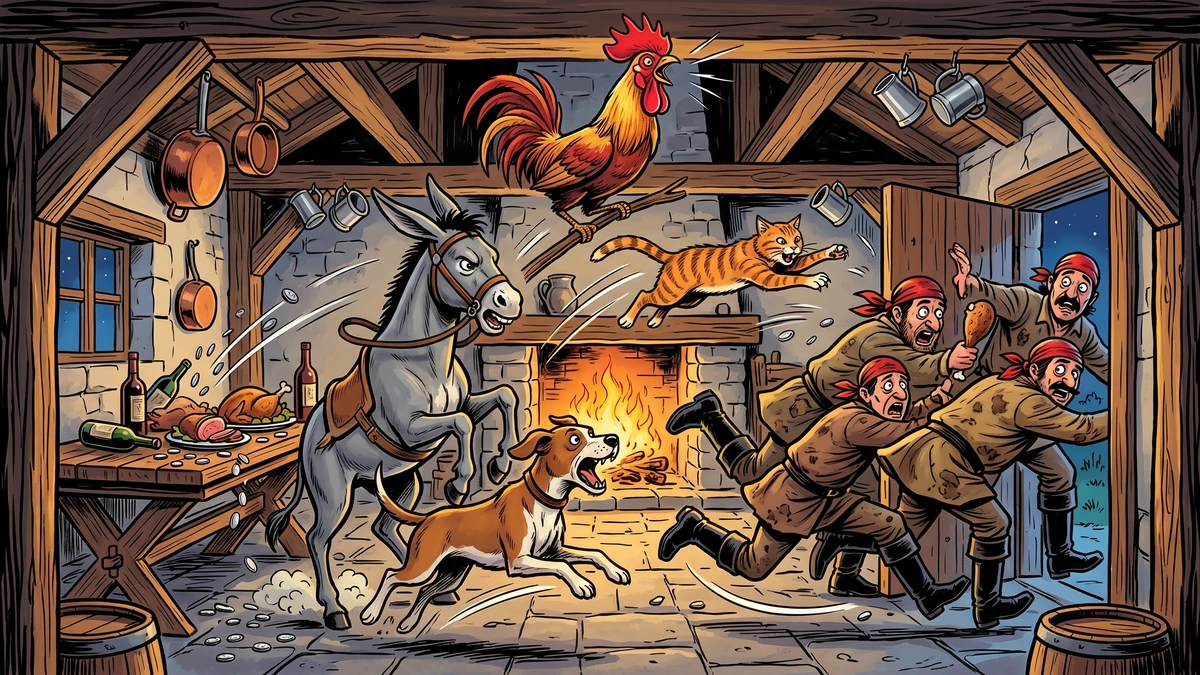 Four animals frighten the robbers from the cottage - The Bremen Town Musicians KHM 27