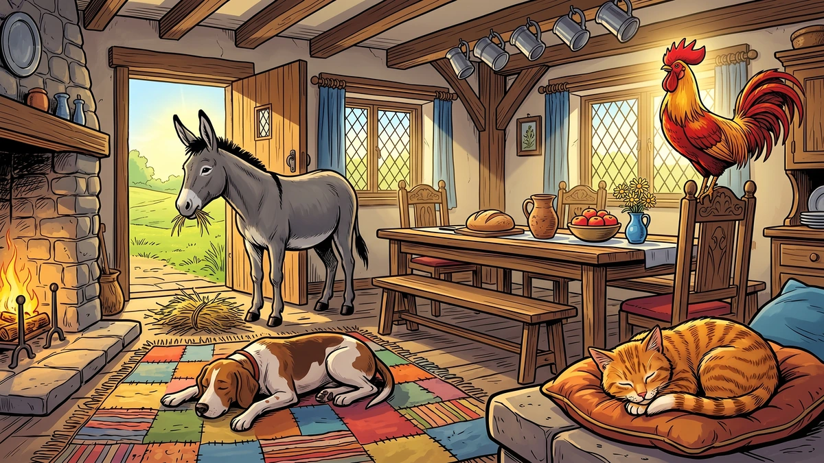 The four musicians settled happily in the cottage - The Bremen Town Musicians KHM 27